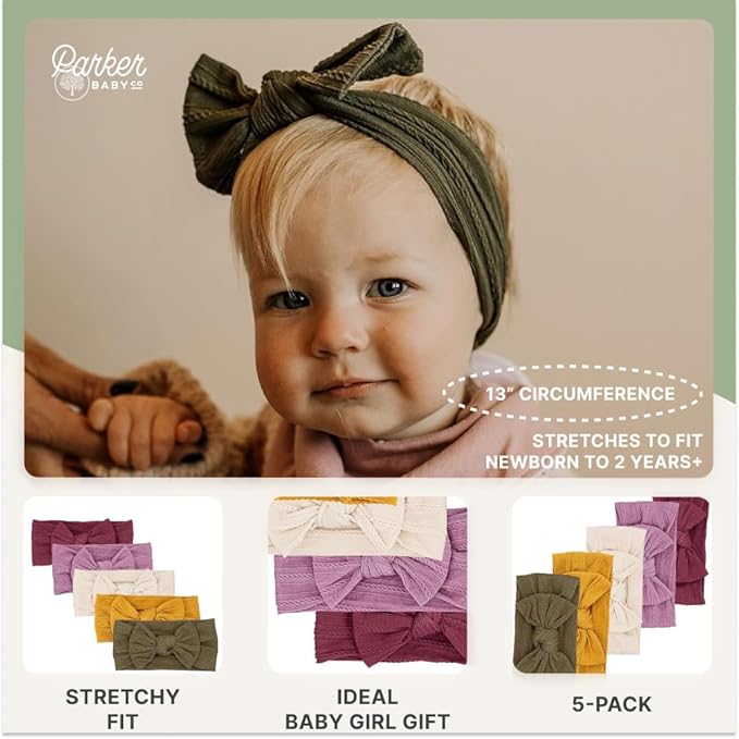Parker Baby Cable Knit Nylon Headbands 5 Pack | Soft, Stretchy & Comfortable Bows for Girls | Adjustable, Soft to Touch & Knotted Headbands for Baby Girls | Baby Headwraps for Girls | Multiple Colors