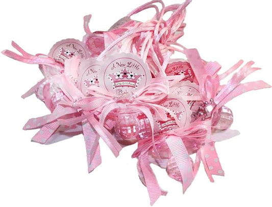 RBN 12 PCS Pacifier Ribbon Necklaces Little Prince and Princess with Crown Polka Dot Acrylic Baby Shower Game Favors Prize Decorations Boy Girl (Pink)
