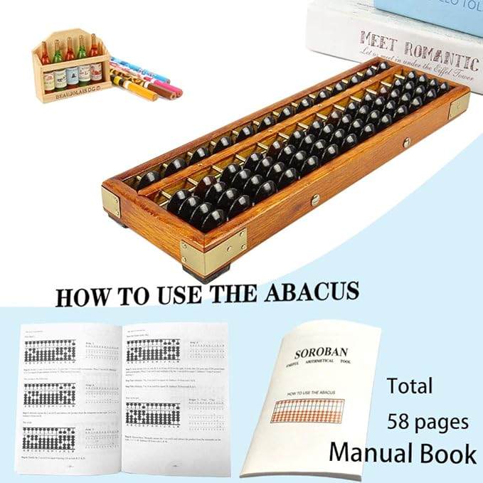 Vintage Style Wooden Abacus Soroban 13 Column(10.7 in) Math Professional Abacus for Adults Kids with Guide Handbook and Reset Button, Anti-Skid Rubber Feet