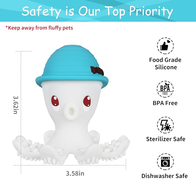 Teething Toys 3-6 Months, Mombella Octopus Teethers for Babies 6-12 Months, Soft Silicone Baby Teething Toys 12-18 Month Old, Baby Chew Toys, Squeaky Infant Teether Toys, Easy to Hold, Blue