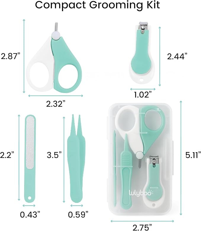 Lulyboo 4-in-1 Newborn Baby Grooming Kit - Compact Travel Case, Stainless Steel Nail Clipper, Rounded-Tip Scissors, Nail File & Baby Tweezers, BPA-Free, Wipe-Clean Exterior, Durable & Portable