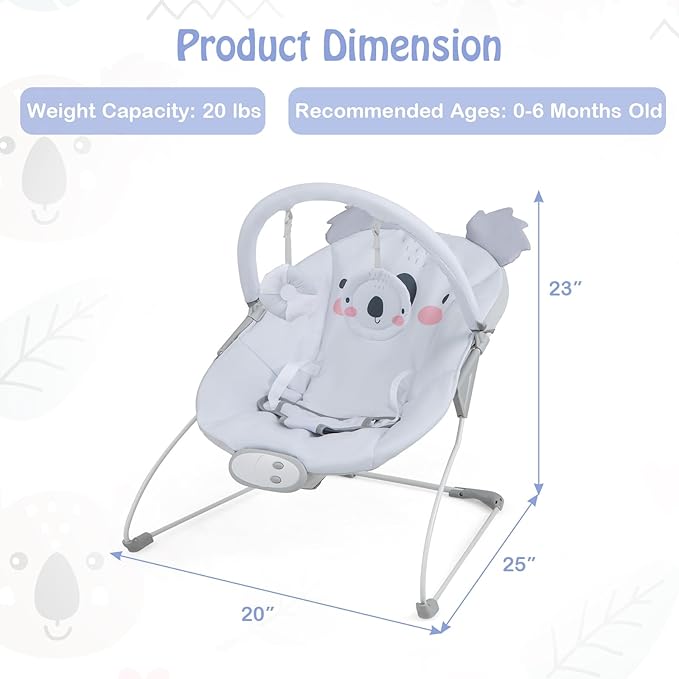 HONEY JOY Baby Bouncer, Portable Infant Newborn Rocker & Stationary Seat w/Soothing Vibrations, Removable Bar, Music, Safety Harness, Bouncer Seat for Babies 0-6 Months up to 20 lbs, Gray Koala