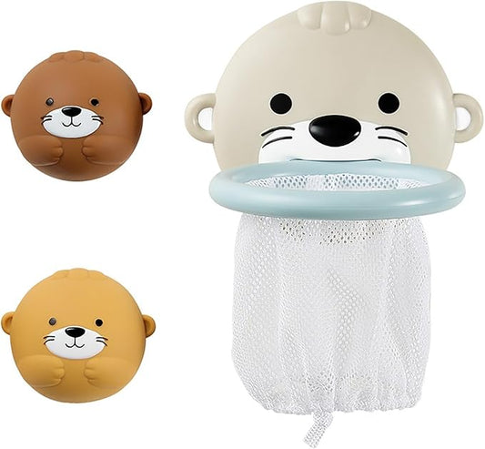 Otter Bath Toy, Otter Family Tub Toy Bathtub Floating Toy for Kids - Soft Vinyl and ABS Plastic Material - No Hole One-Piece Design (Otter Baketball Hoop + 2 Otter Balls)