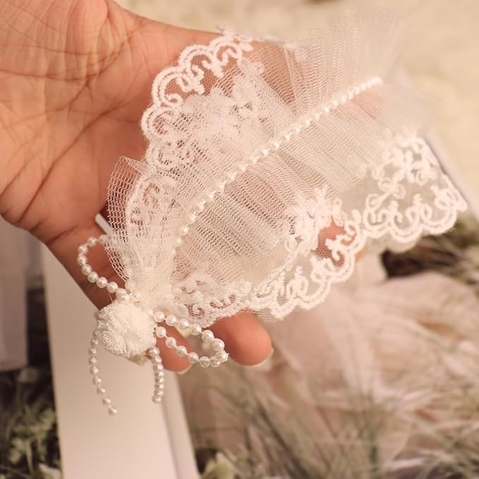 Baby Girls Headband Lacy Bow Pearl Wide Hair Band Turban for Infants Newborn Toddler Floral Ivory Elastic Head Wrap Breathable Sun Bonnet Hair Accessories (White A)