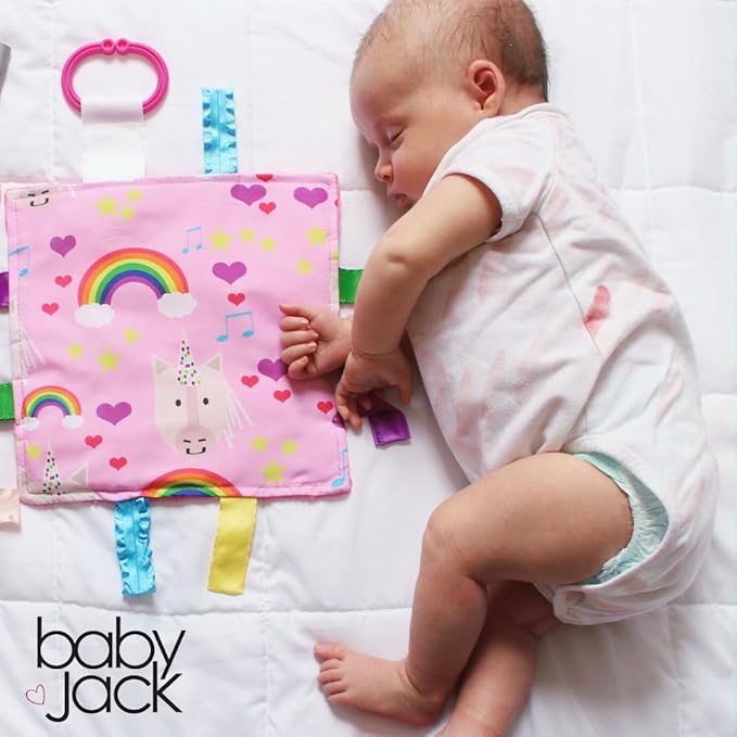Baby Jack & Co 8x8 Unicorn Lovey Tag Toys for Babies with Crinkle Sensory Development - Soft & Safe Soother for Learning Shapes & Colors - BPA Free with Stroller Clip