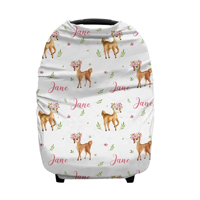 Personalized Little Fawns Baby Car Seat Covers with Name, Custom Multiuse Nursing Breastfeeding Car seat Canopy, Infant Stroller Covers for Newborn Girl Boy, Ultra-Soft Breathable, Nursing Scarf