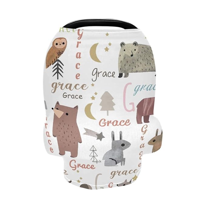 Personalized Baby Car Seat Cover for Boys Girls, Customized Infant Carseat Covers with Name, Multi Use Nursing Cover Breastfeeding Scarf, Stroller Sun Shade Cover Canopy, Cartoon Animal