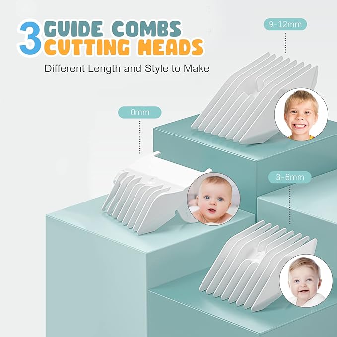 Baby Hair Clippers, Waterproof Cordless Hair Cutting Kits, Ceramic Hair Trimmer with 3 Heads and 3 Guide Combs Quiet Rechargeable Haircut Kit for 0-12 Years Old Children