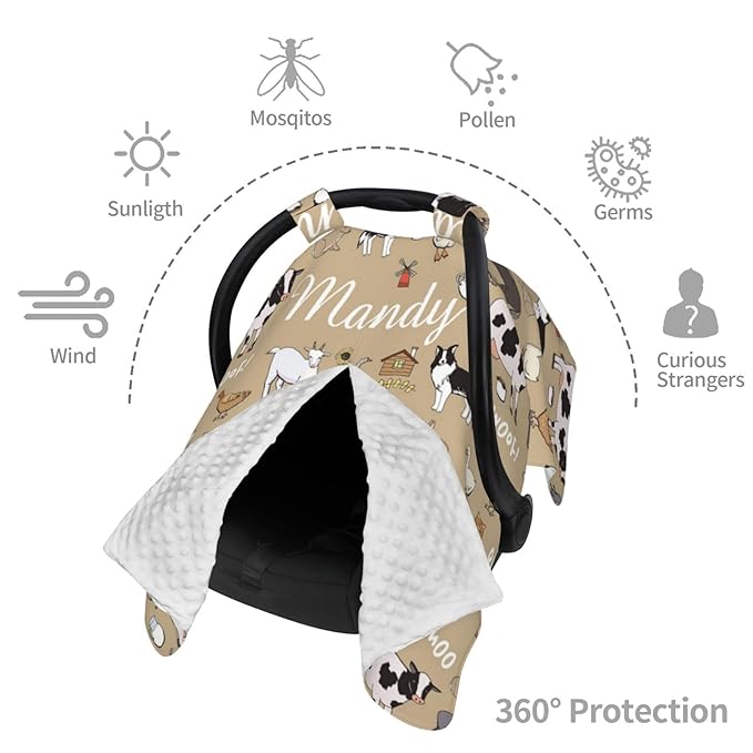 Custom Baby Car Seat Canopy for Babies with Name, Personalized Farm Animals Baby Car Seats Covers for Boys, Opening Minky Nursing Breastfeeding Stroller Cover Infant Carseat Canopies for Newborn