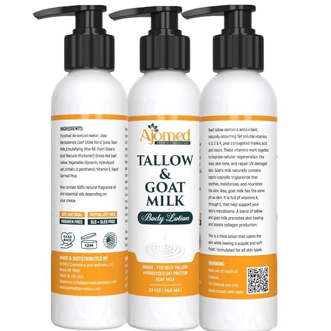 Tallow & Goat Milk Body moisturizing Lotion for Sensitive Skin, handmade tallow cream (12 Fl OZ, Unscented)