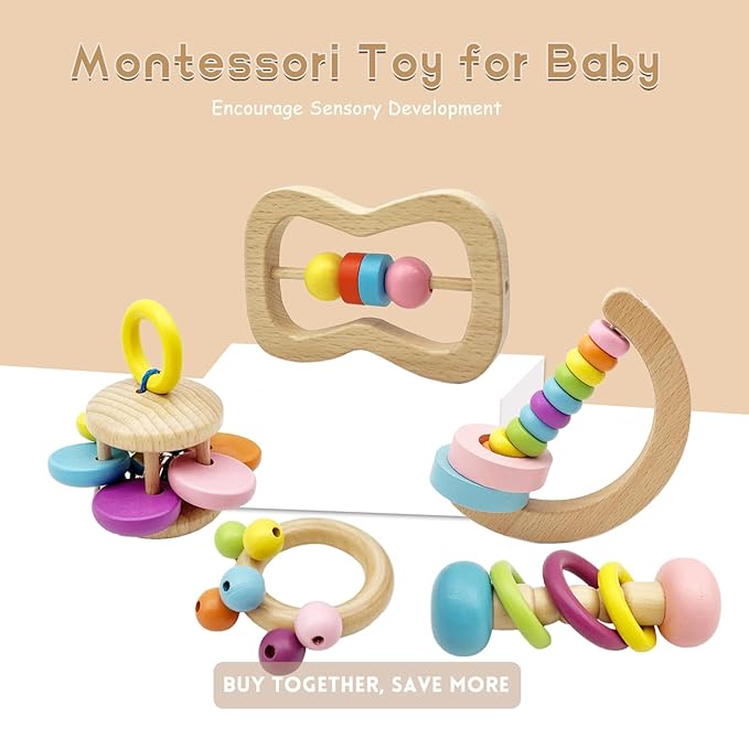 Wooden Baby Rattle, Organic Colorful Baby Rattles Set, Toddler Hand Wooden Rattles Toy Set for Infant Grasping, Sensory Development, Gift for Baby Boys Girls