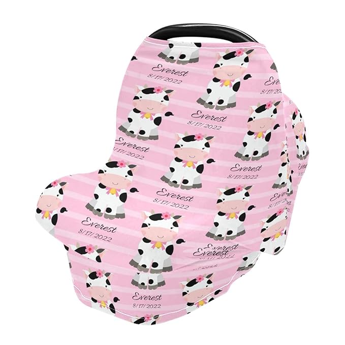 Personalized Baby Car Seat Cover for Babies, Custom Name Baby Car Seats Canopy for Girls, Nursing Breastfeeding Stroller Covers for Infant Newborn, Shower Gift for Baby (Cute Cow Pink)