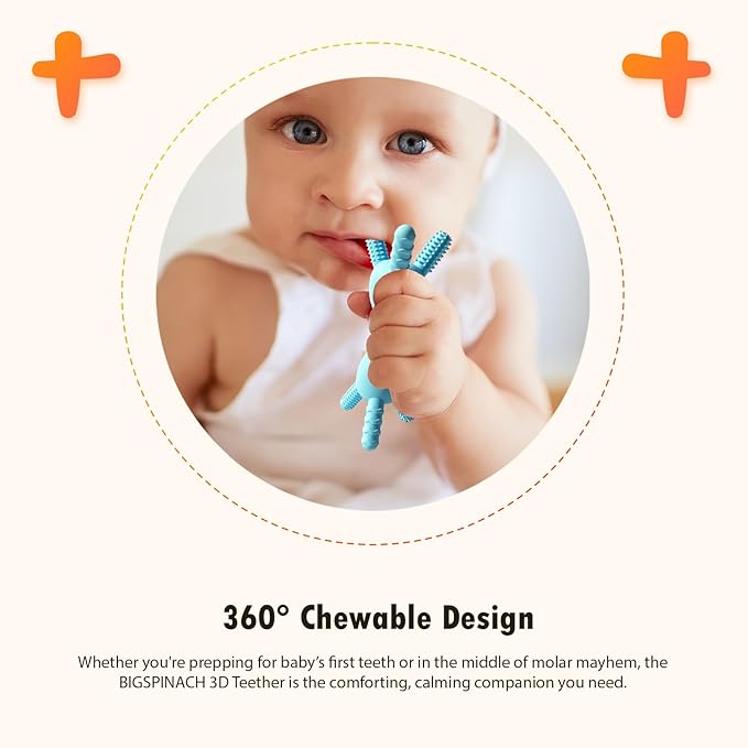 BIGSPINACH 3D Baby Teether, BPA-Free Multi-Texture Silicone Teething Stick Toy,360-Degree Textured Design, Easy-Grip Design for Infants and Toddlers (Grey, 3D)