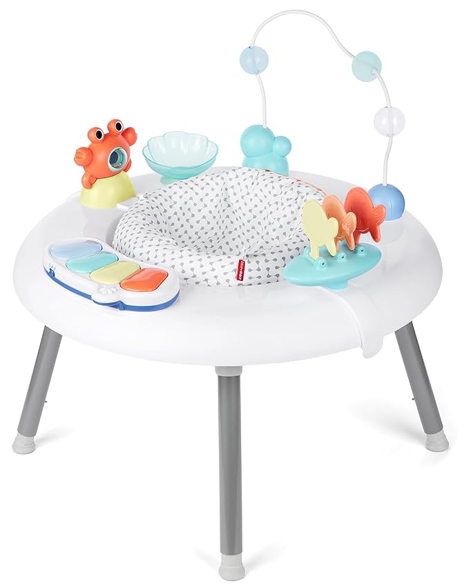 Skip Hop 2-in-1 Baby Activity Center with 20+ Developmental Activities Light-up Musical Piano for Tummy Time Play 4 Clip-on & Moveable Toys and 360-degree Rotating Seat Seascape Age 4m+