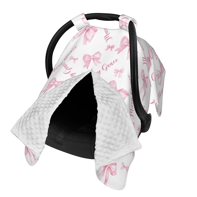 Custom Baby Car Seat Cover with Name – Personalized Pink Bows Nursing Cover, Infant Carseat Canopy, Shopping Cart Cover – Soft, Breathable & Warm – Ideal Shower Gift for Baby Girls