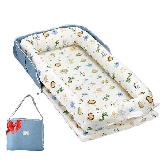 Baby Lounger for Newborns & Infants 0–24 Months, 100% Cotton Breathable Infant Support Cushion with Adjustable Size, Portable Baby Nest for Home and Travel, Baby Shower Gift (Animal World Blue)