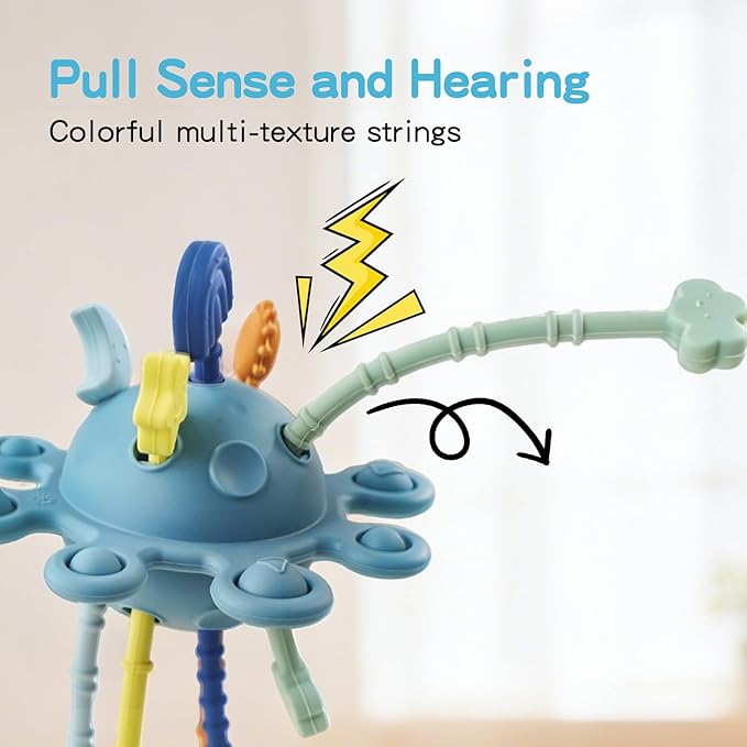 Food Grade Silicone Pull String Baby Toy, Montessori Pull String Sensory Toy for 18 Months Babies Teething Toys (Navy Blue)