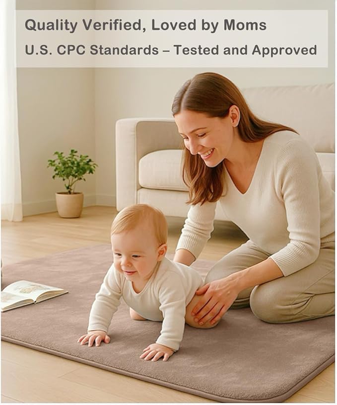 Thick Padded Baby Floor Play Mat 1.2" Cushioned Velvet Surface Non Slip Bottom High Density Foam Safe and Soft Floor Mat for Infants Toddlers and Playpen Use (Lightbrown, 79X71)