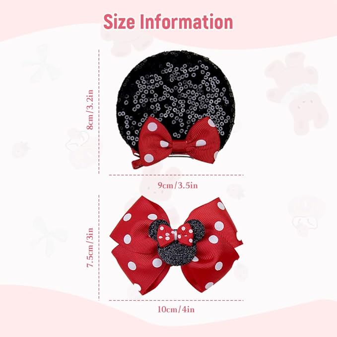 2 Pairs Red Dot Mouse Ears Hair Clips & Mouse Hair Bows Barrettes for baby Girls Accessories Birthday Party Decorations Gift