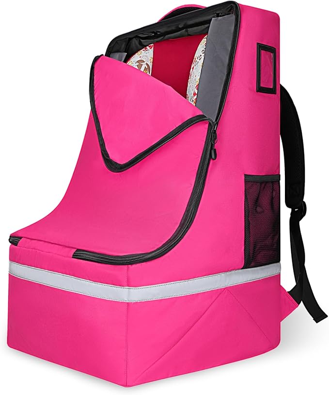 LARIPOP Car Seat Travel Bag for Airplane, Universal Gate Check Car Seat Bag, Padded Backpack with Waist Belt, Reflective Strips & Protective Feet, Fits Infant Convertible Booster Seats, Pink