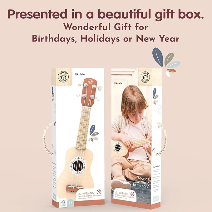 SPEEDY MONKEY 16-Inch Kids Ukulele Toy | FSC® Certified Wooden Toy for Toddlers and Children | Safe Design Kid's Musical Toy with 4 Nylon Strings, Terracotta & Wood Finish