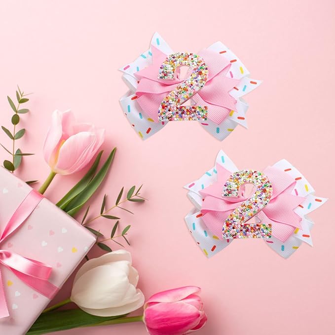 Birthday Hair Clips for Baby Girls - 2Pc Pink Sprinkle Bow Hair Clips for 2nd Birthday Glitter Ice Cream Baby Bow Party Decorations for Girls Toddlers Hair Accessories (Pink-2 Years)
