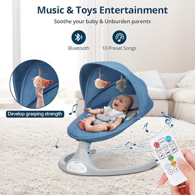 Bioby Baby Swing for Infants with 5 Natural Sway Speeds, Portable Bt Music Baby Swing with Remote Control & 5-Point Harness, Lightweight Baby Rocker for 5-20 Lb,0-12 Months Blue