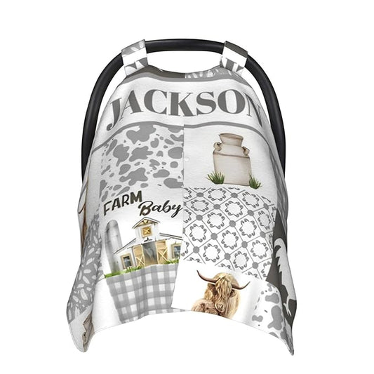 Personalized Baby Car Seat Canopy for Babies with Name, Custom Car Seat Covers for Boys Girls, Infant Opening Minky Nursing Breastfeeding Stroller Cover Carseat Canopies for Newborn (Farm Theme)