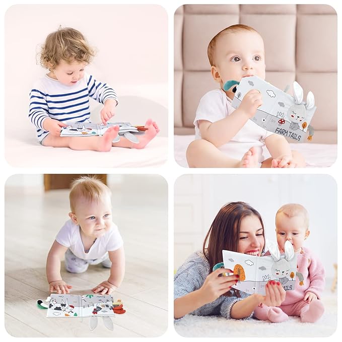 Vicloon Cloth Books, 3D Touch and Feel High Contrast Cloth Book, Baby Books Toys for Baby 0-12 Months, Soft Sensory Crinkle Books for Infants Toddler, Newborns Shower (Rabbit)