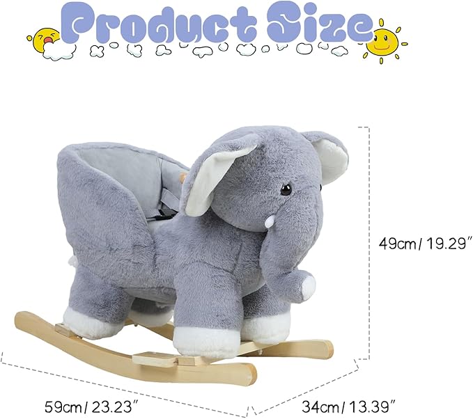 Baby Rocking Horse for Toddlers 1-3, with Music Sound, Elephant Shape, Stuffed Plush Ride-on Baby Rocker Chair with Wooden Base, Ergonomic Handle (Grey)
