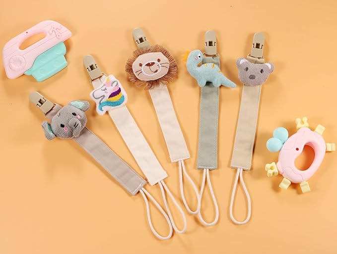 Baby's Breath 5 Pack Animal Pacifier Clips with Adjustable Strap (14.5-18.3 in) – Cute Unicorn Lion Elephant Dinosaur Koala Design, Soft Textile Baby Holder Set for Boys Girls, Neutral Colors