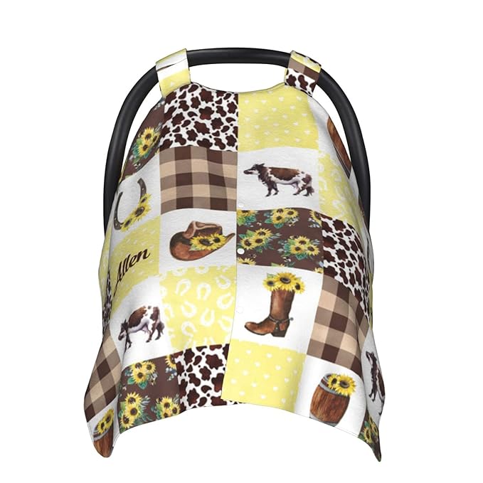 Personalized Cowboy Plaid Baby Infant Car Seats Canopy for Babies with Name, Custom Western Multi-use Blankets for Baby Boys Girls, Peekaboo Minky Nursing Stroller Cover Canopies for Newborn