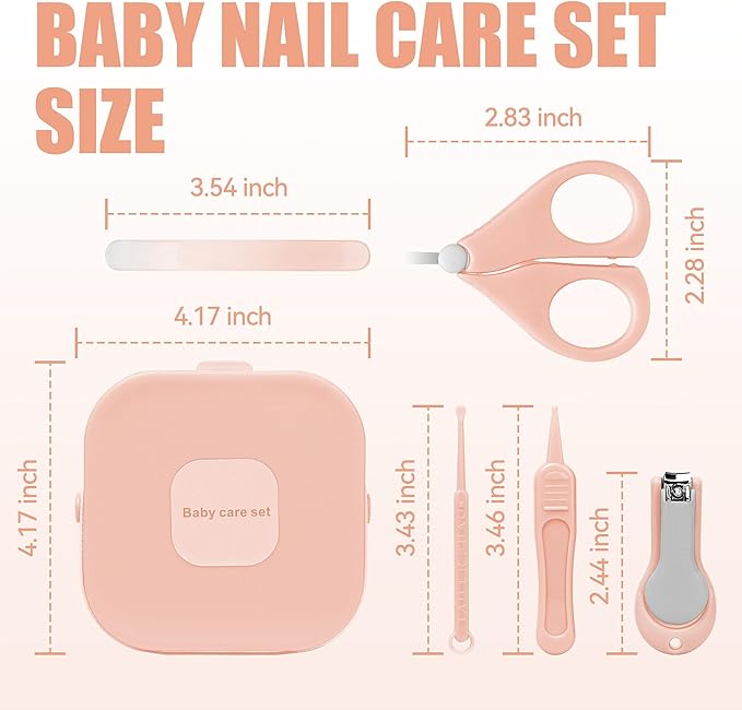 Baby Nail Care Set, 5 in 1 Baby Nail File Clippers Infant Grooming Kit Manicure Set for Newborn, Infant, Toddler, and Kids, Pink