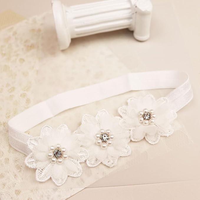Bethynas White Flower Lace Elastic Headband for Baby Girls Floral Baptism Christening Toddler Hairband Infant Flower Pearl Birthday Party Hair Accessory for Newborn Girl (White)