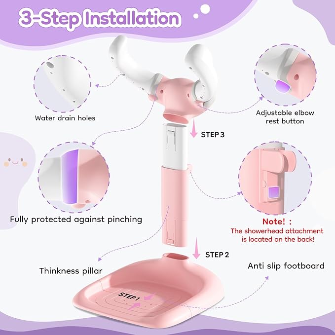 Upgraded Baby Shower Stand with Anti-Pinch Silicone & Anti-Slip Base, Adjustable Height Soporte para Bañera de Bebé, Baby Bath Standing Support Assist Holder for 6-36 Months Toddler, Ideal Gift, Pink