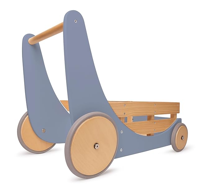 Kinderfeets 2-in-1 Wooden Cargo Walker Cart Wagon with Adjustable Rubber Wheels and Removable Basket for Children and Toddlers (Blue)