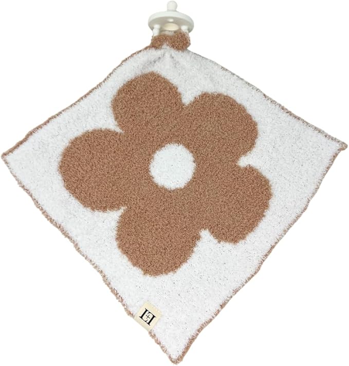 L+L USA Retro Flower Baby Lovey Pacifier/Teether Holder 10"x10" - DreamSoft Plush Fluffy Cuddly Soothie Reversible Mini Comfort Blanket - Cute Newborn Gift Essential Babies Boys Girls (Cafe/White)