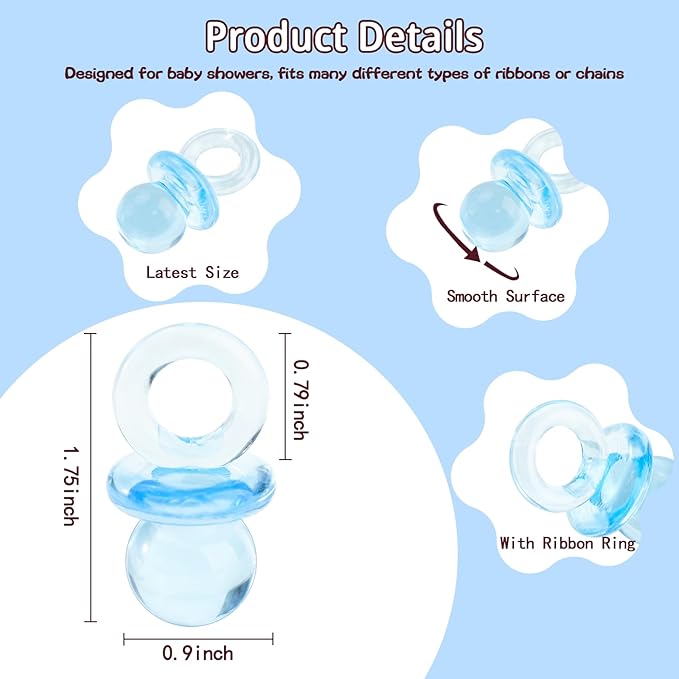 36 Acrylic Pacifiers for Baby Shower Game Boy, 1.75 Inch Cute Baby Shower Pacifiers, Blue Pacifiers for Baby Shower Decoration DIY, Gender Reveal Party Table Scatter, Baby Shower Favors (Blue)