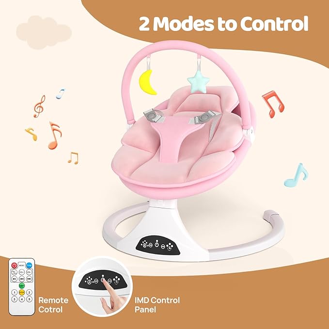 Electric Baby Swing with Remote Control - 5 Natural Motion Speeds, Detachable Seat Pad | Portable Infant Swing for Indoor/Outdoor Use (0-6M, 20lbs) (Pink)
