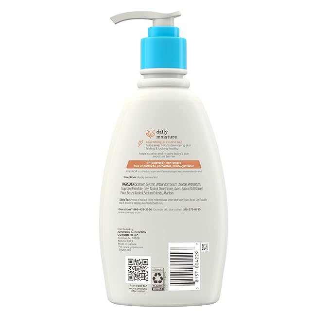 Aveeno Baby Daily Moisture Body Lotion for Sensitive Skin, Hypoallergenic Moisturizing Baby Lotion with Nourishing Oatmeal to Deeply Moisturize Baby's Skin, Fragrance-Free, 12 fl. oz