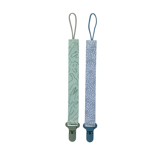 Nuby Pacifinder Baby Pacifier Clip Pacifier Holder Clip with Convenient Hook Loop - Blue Dots and Green Dino 2 Count (Pack of 12)