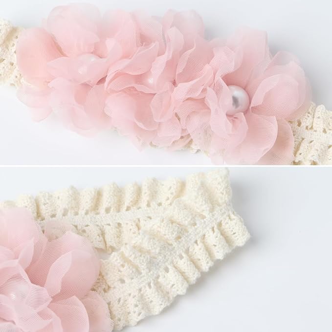 Handmade Baby Girl Headbands in Beige and Pink Lace Flowers for Newborns and Toddlers Cute Baby Girl Flowers and Newborn Headbands (Pink Lace Pearl Flowers, One Size)