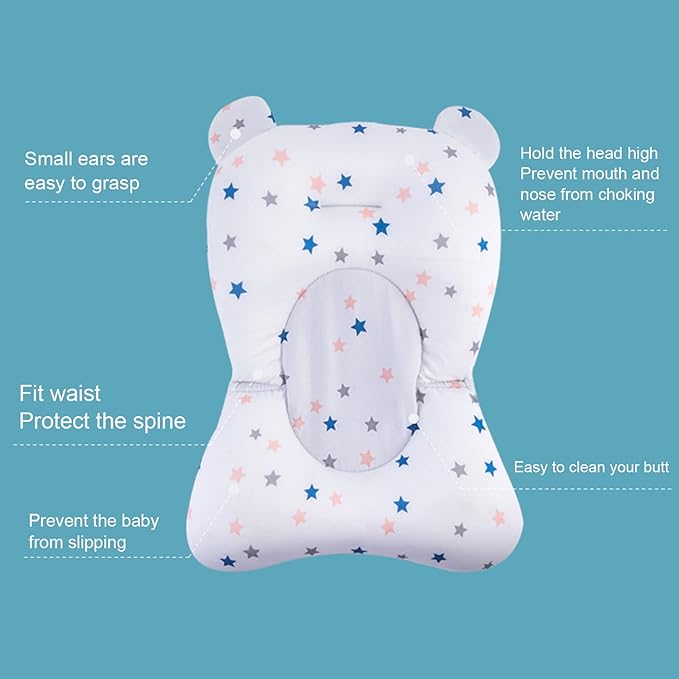 Baby Bath Cushion Pad Newborn Bathtub Mat, Nonslip Floating Seat with Support for Head, Neck, and Back,Sling, 0-12 Months (White Stars)