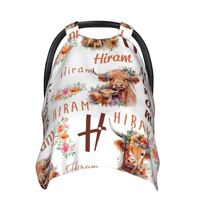 Personalized Highland Cow Baby Car Seat Cover for Boys Girls, Customized Peekaboo Opening Carseat Covers with Name, Custom Nursing Covers Breastfeeding Scarf for Infant Newborn