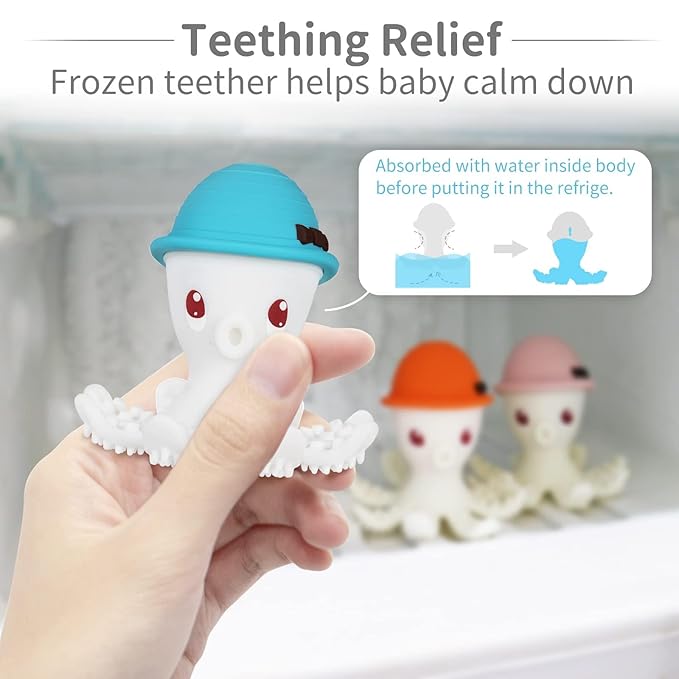 Teething Toys 3-6 Months, Mombella Octopus Teethers for Babies 6-12 Months, Soft Silicone Baby Teething Toys 12-18 Month Old, Baby Chew Toys, Squeaky Infant Teether Toys, Easy to Hold, Blue