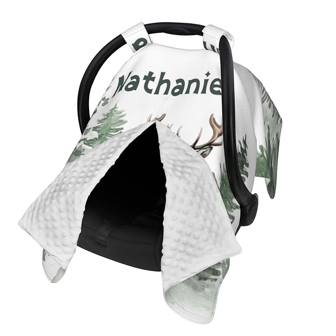 Custom Name Baby Car Seat Cover Woodland Deer – Personalized Nursing Cover, Stroller Canopy, Breastfeeding Privacy Cover, Multi-Use Infant Blanket, Shower Gift for Baby Boys