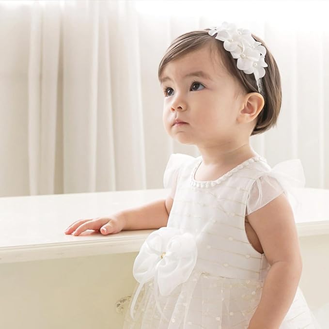 Baby Girls Hairband White Bow Lace Headbands Handmade Soft Stretchy Wide Head Band Newborn Hairbands with Bows Pearls Elastic Headband for Infant Hair Accessories（White Flower）