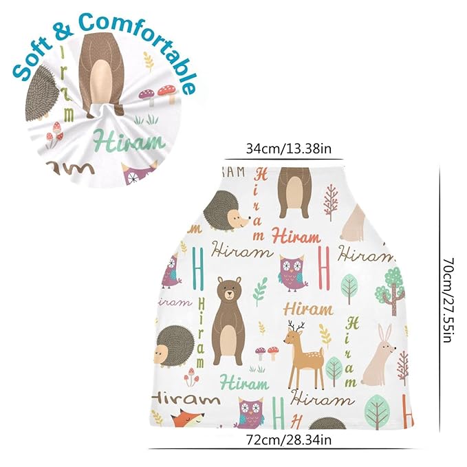 Personalized Baby Car Seat Cover with Name, Customized Multi Use Nursing Cover for Newborn Girl Boy, Cartoon Animal Carseat Canopy, Mom Nursing Breastfeeding Covers， Shower Gifts