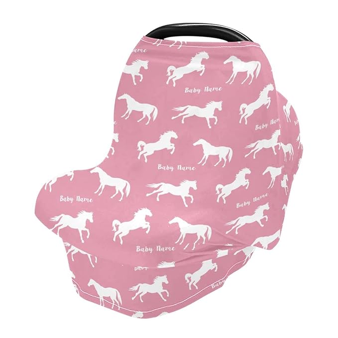 Personalized Baby Car Seat Cover for Babies, Custom Name Baby Car Seats Canopy for Girls, Nursing Breastfeeding Stroller Covers for Infant Newborn, Shower Gift (Running Horse Pink)