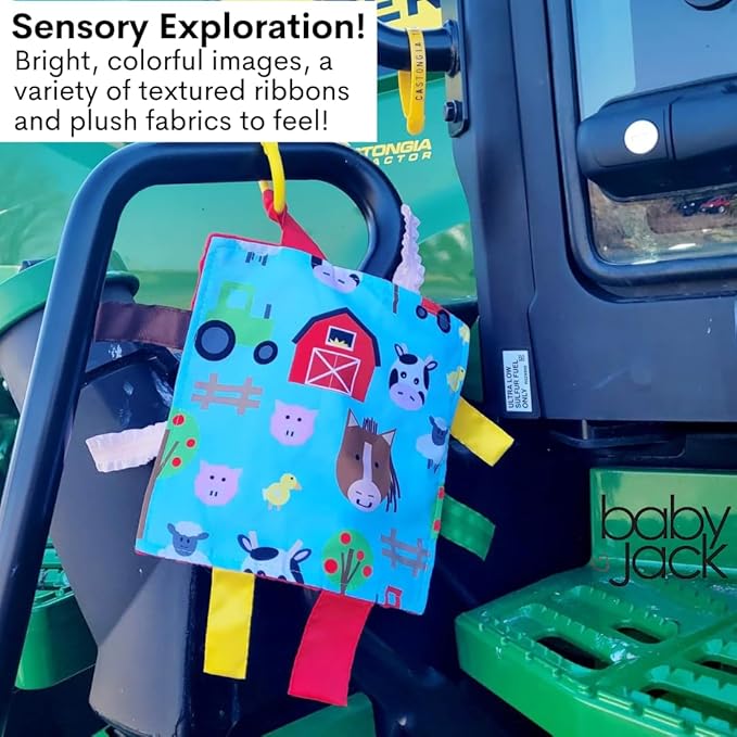 Baby Sensory Farm Animal Crinkle Tag Toy for Developing 5 Senses - Learning Shapes and Colors - Tummy Time - Travel Stroller Keepsake with BPA Free Clip for On The Go 8" x 8"